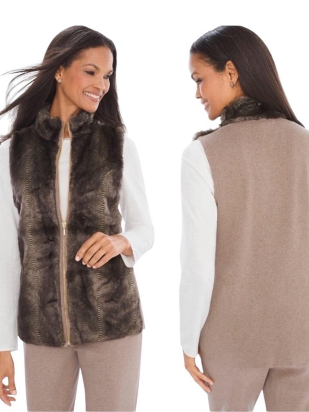 Chico’s Faux Fur Vest M Brown Zip Up Cashmere Cotton Lined Old Money Mobwife